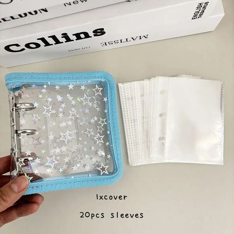 

Mini 3-Hole Laser Stars Binder Cover With Metal Zipper - DIY Collectible Book With 20 Sleeves For Postcards Kpop Cards & Photos