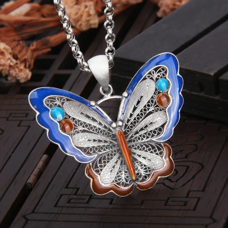 

Filigree Enamel Thai Silver Butterfly Pendants for Women 925 Sterling Silver Butterflies Necklaces NO Chain Hollow Insect Bijoux