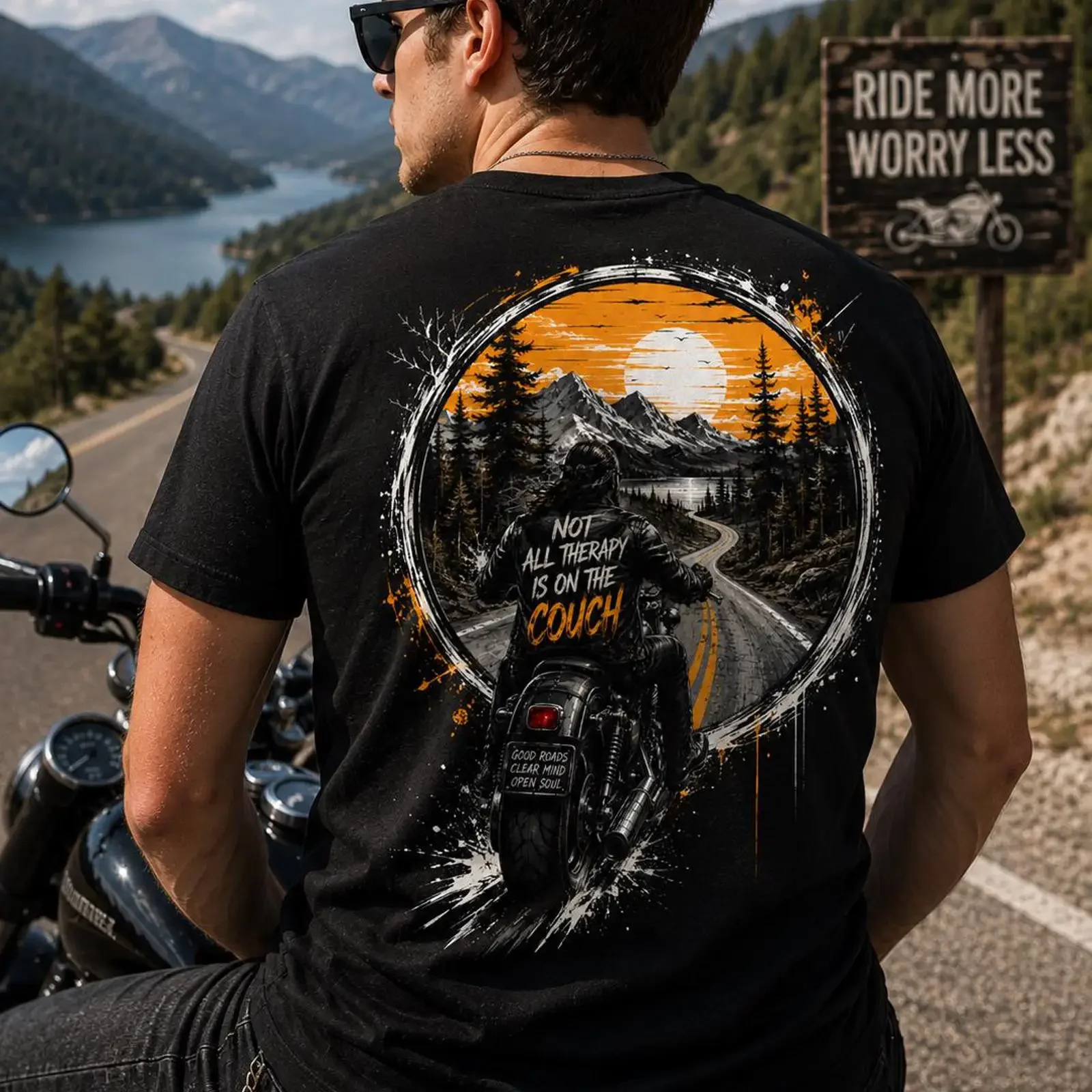 Not All Therapy Is On The Couch Men's Motorcycle Biker T Shirt Vintage Mountain Sunset for Rider vintage Washed Casual