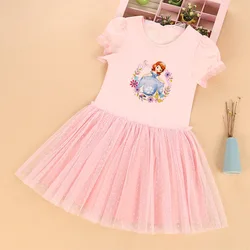 2024  Girls' Dress Sofia Princess Dress Girls' Dress Baby Summer Cartoon Pattern Lace Sleeve Dress Casual Cotton Children's Wear