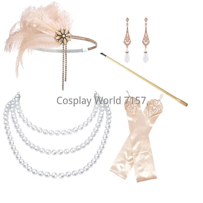 1920s Flapper Dress Accessories Retro Party Props GATSBY CHARLESTON Headband Pearl Necklace White Feather Band for Party
