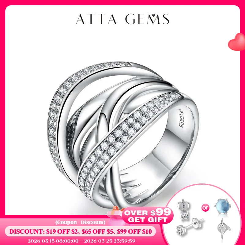 

ATTAGEMS S925 Sliver Moissanite Rings for Women 18K Plated D Color VVS1 Diamond Crossover Wedding Band Party Fine Jeweley Gift