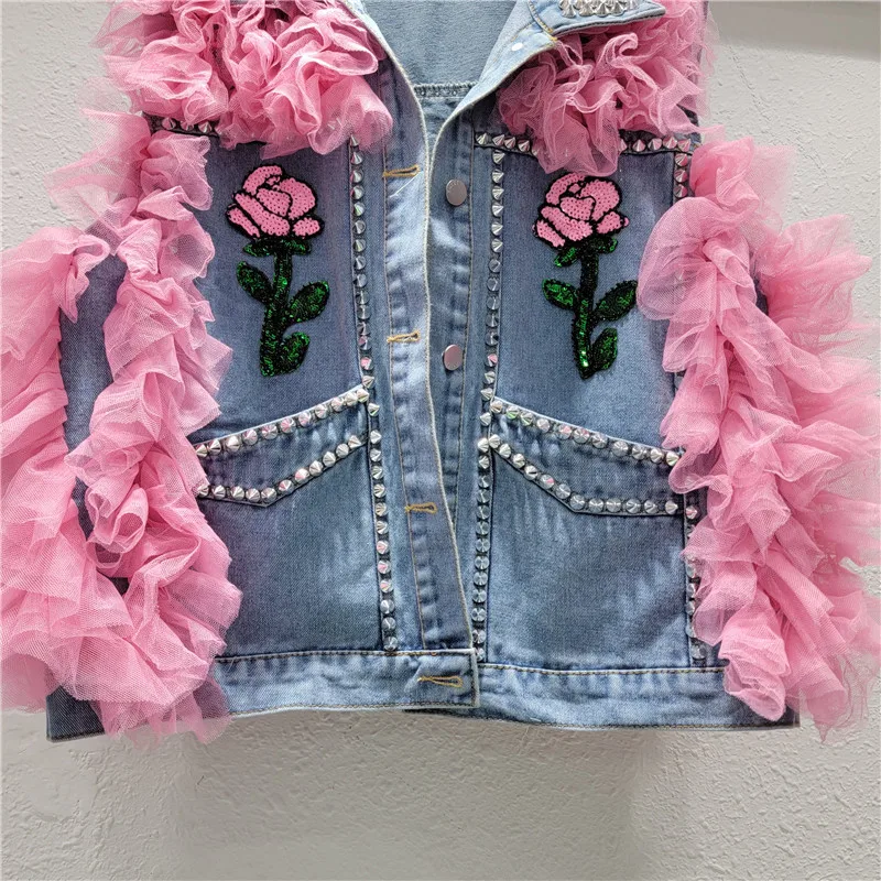 Fashion Rivet Sequin Flower Mesh Stitching Cowboy Vest Women Blue Casual Big Pocket Sleeveless Short Denim Coat Female Waistcoat