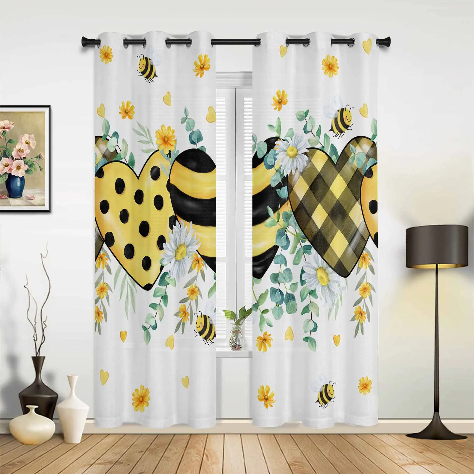 Summer Bee Daisy Flower Window Curtains for Living Room Luxury Bedroom Curtains Coffee Dining Room Drapes