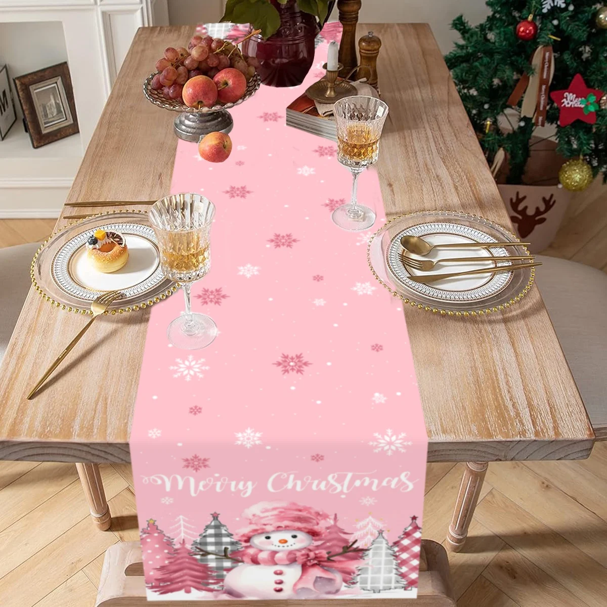 1pc Pink Snowman Christmas Tree Christmas Table Runner, Christmas Table Runner for Christmas Table Room Home Decor 2024 New Year