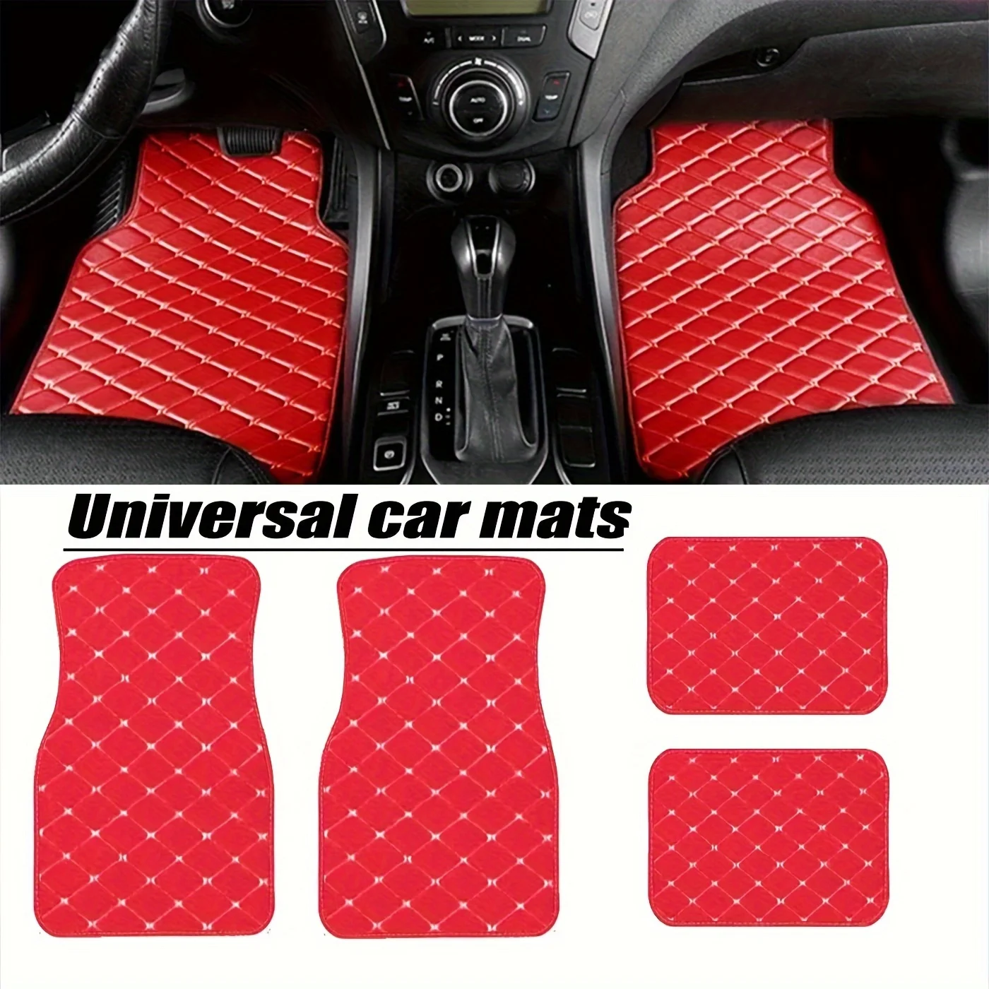 4Pcs PU Leather Car Floor Mats Full Set Diamond Quilted Universal Floor Carpet Protectors Fit Most Cars SUVs