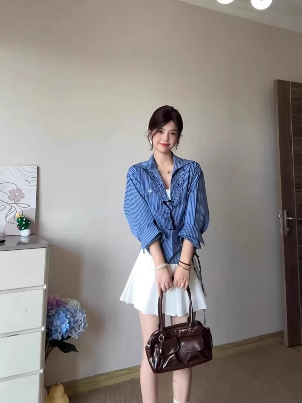 

plus Size Women's V-Ne Long Sve irt Dstring Loose Slimming Plaid irt Blue Top Korean Sle Commute Faion