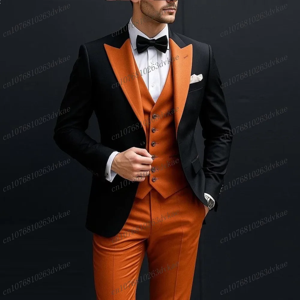 

New Dark Orange And Black Men Suit Wedding Party Formal Groom Groomsman Prom Business Male Tuxedos 3 Piece Set Jacket Vest Pants