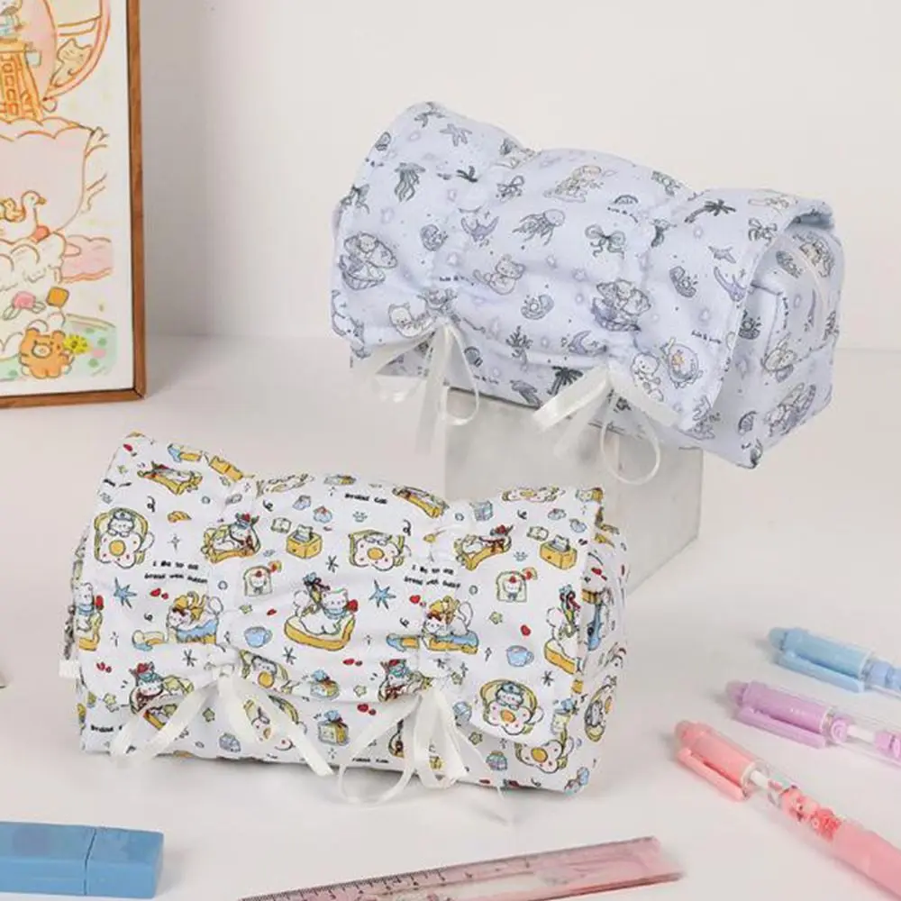 Drawstring Bowknot Pen Bag Large Capacity Multilayer Stationery Bag Multifunctional Stationery Organizer School Office