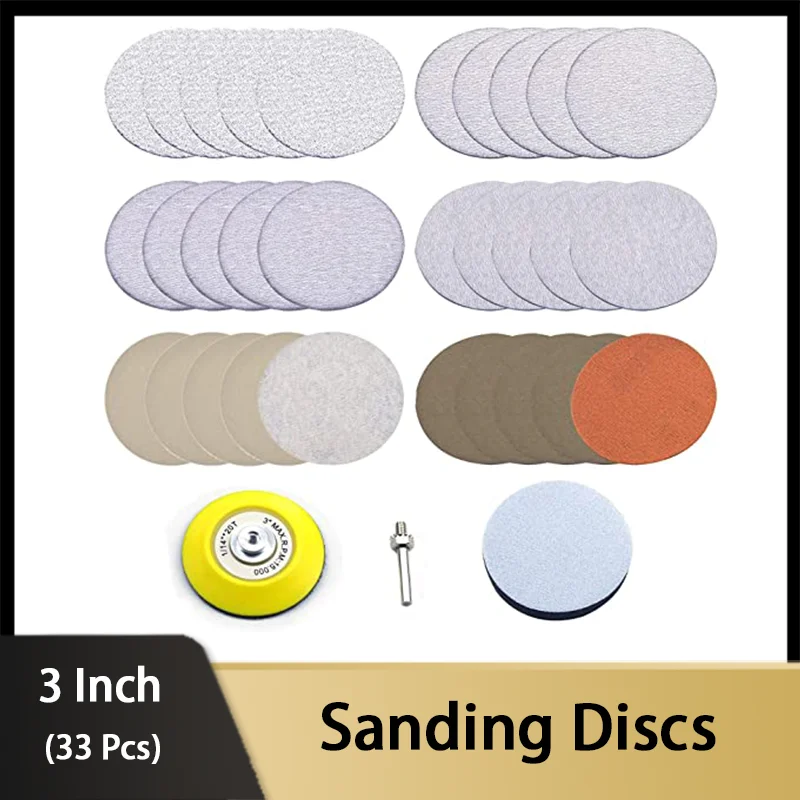 3 inch 33 Pcs Multiple Grits Aluminum Oxide Dry & Wet Hook Loop Sanding Discs for Instrument Handicraft Article Plastic Leather