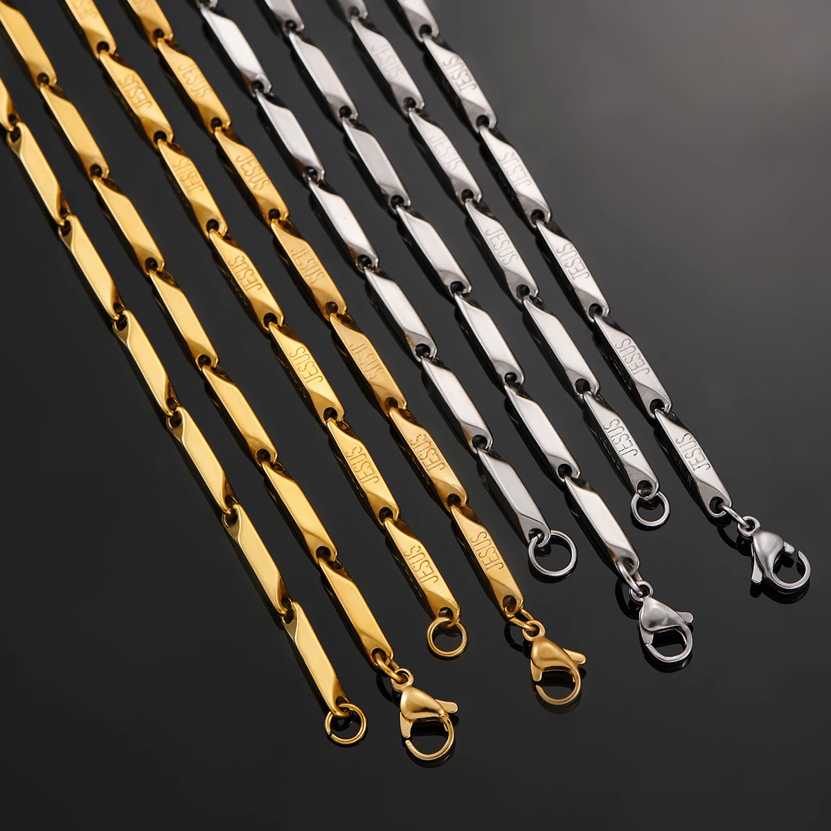 3mm Width Stainless Steel Military Bamboo Chain Handmade Choker Necklace Herringbone Silver/Gold Color for Men Women Jewerly