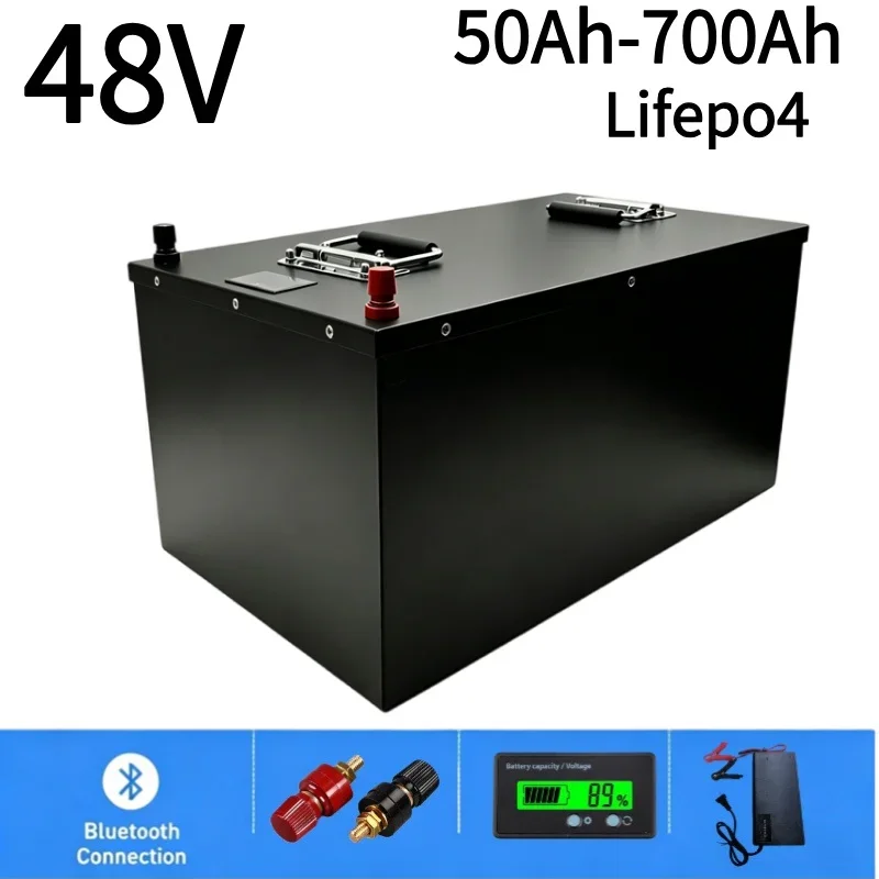 48V High Capacity LiFePO4 Battery 50Ah-700Ah Built-in BMS Rechargeable Storage Battery Long Life For Solar RV Camping