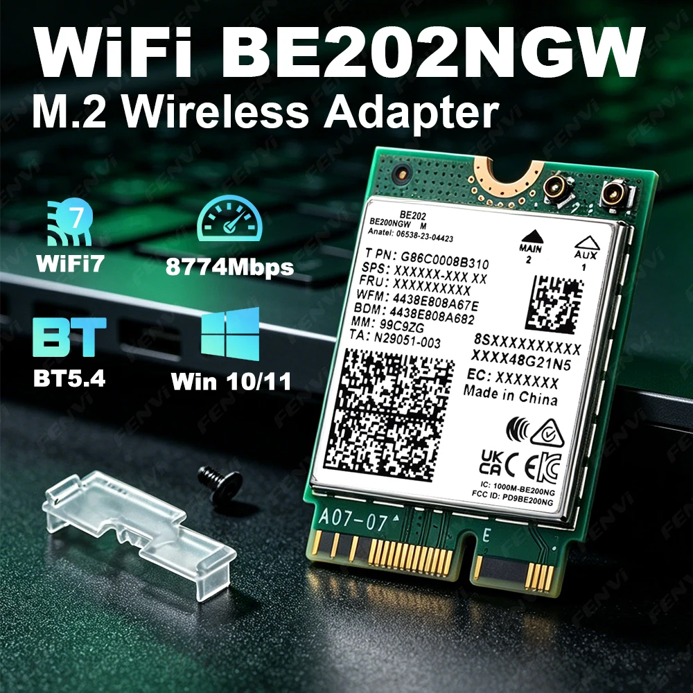WiFi 7 M.2 Wireless Adapter BE202NGW 8774Mbps Bluetooth 5.4 Dual Band 2.4G/5GHz Network Card for Windows 10/11 Laptop PC Upgrade