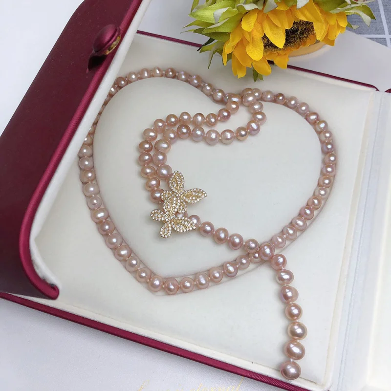

Vintage Freshwater Pearl Sweater Chain for Women Light Purple Versatile Fashion Sense Jewelry Niche Neck Chain Wholesale