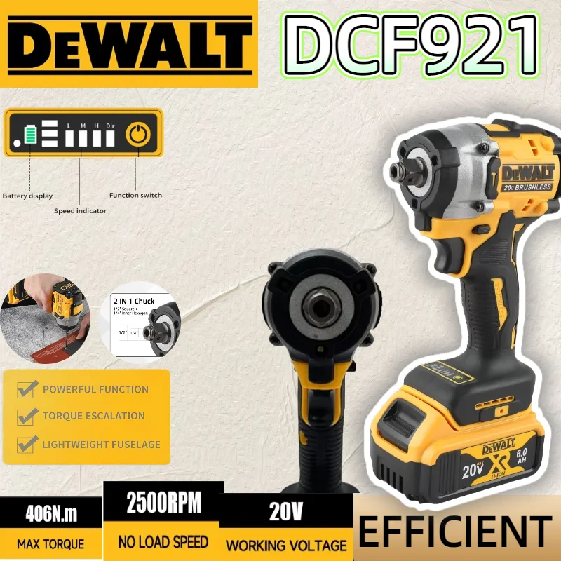 DEWALT DCF921 ATOMICO 20V MAX 1/2 pol. Chave de impacto sem fio - velocidade variável, ferramenta nua para Pro - desempenho de grau poderoso