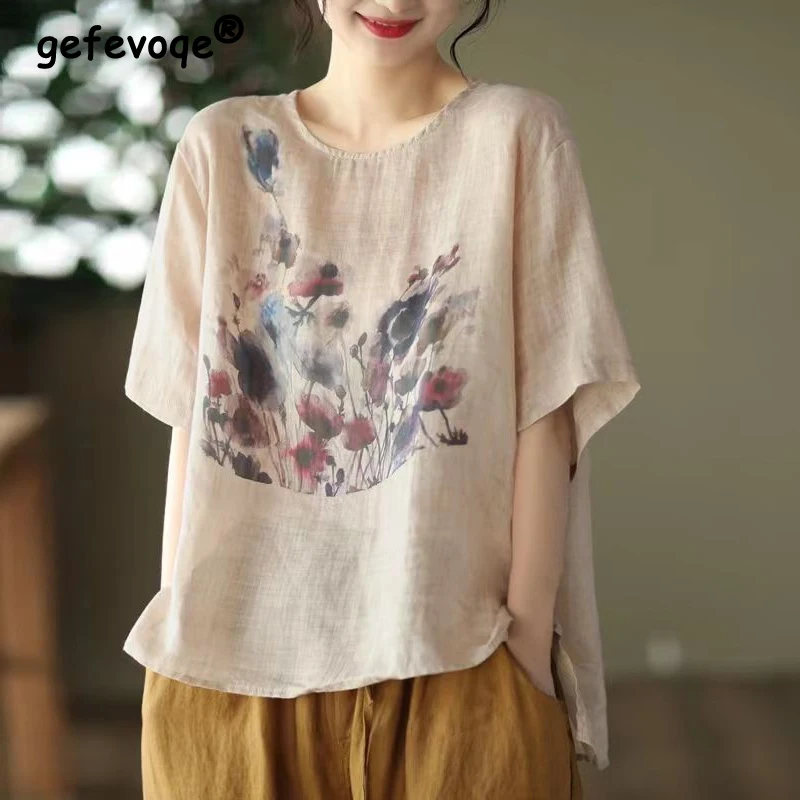 Summer New Fashion Loose Casual Ink Print Cotton Linen T-shirt Ladies Comfortable Short Sleeve Pullover Top Women All-match Tee