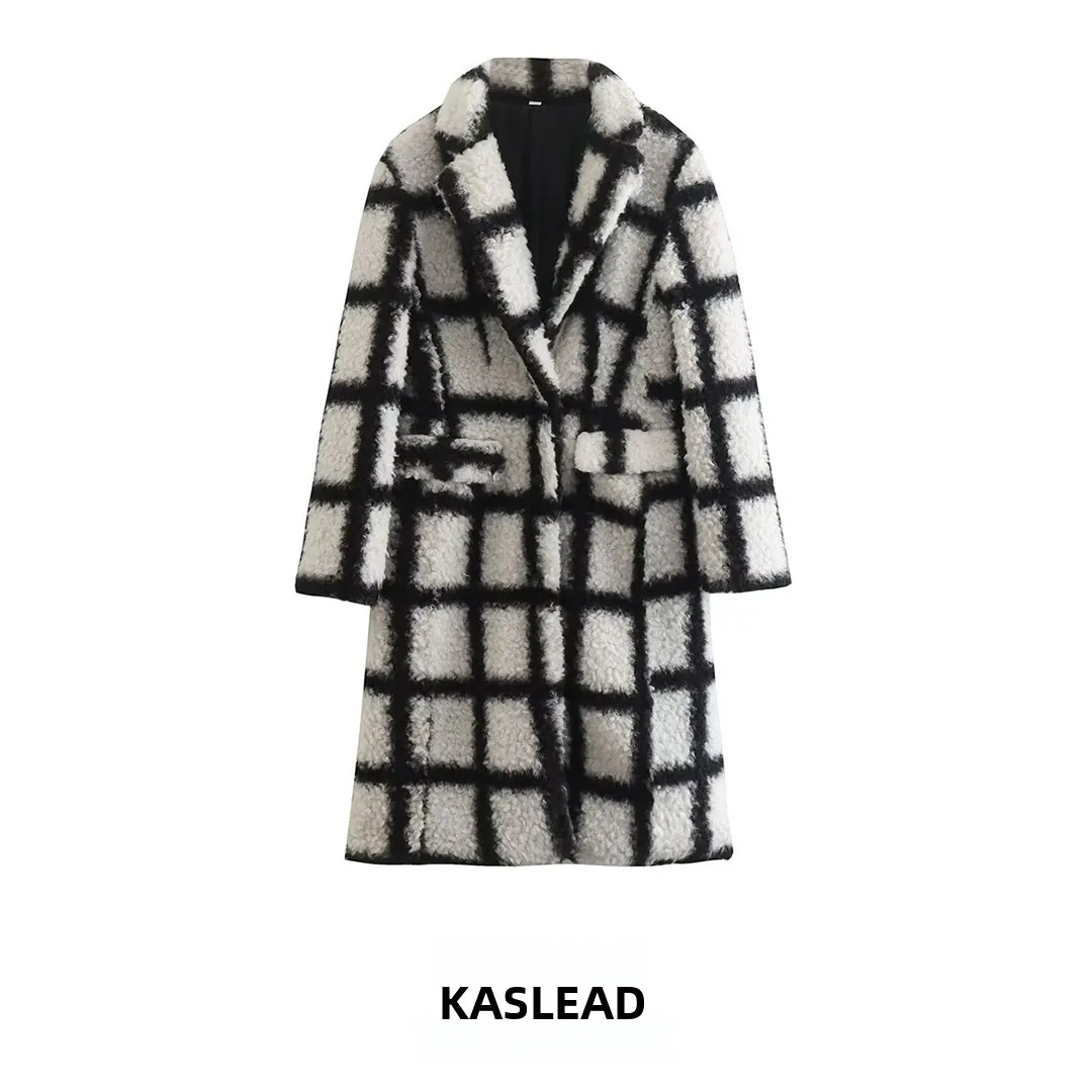 KASLEAD New Women's Fashionable Plaid Fluffy Coat Black White Geometric Patterned Mid-Length Polyester Fiberlined Autumn Coat