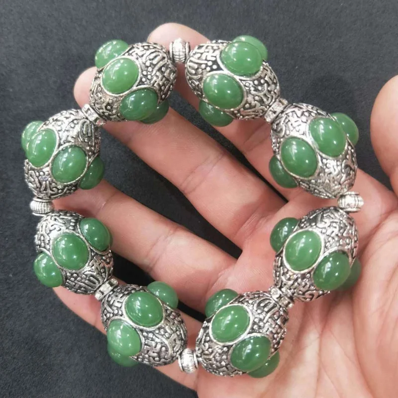Tibetan silver inlaid jade beaded bracelet, fashionable and versatile
