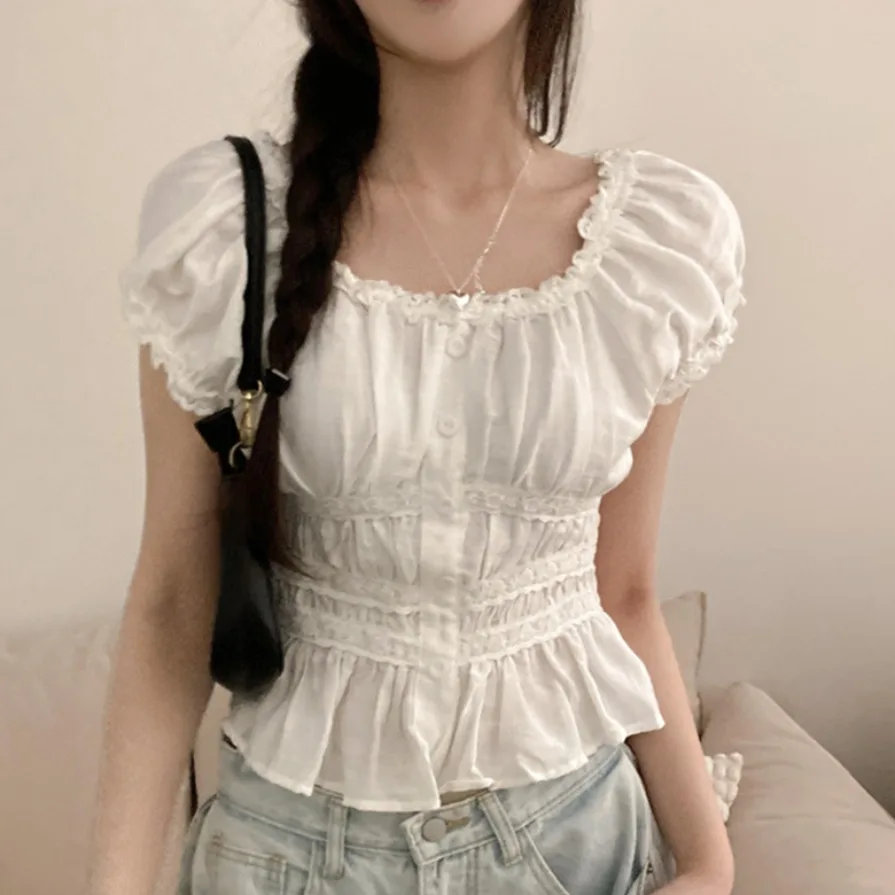 

Summer French Style Sweet Heart Square Collar off Shoulder Lace Trim Short Sleeve Shirt Women Gentle Top Casual Wear Polyeste...