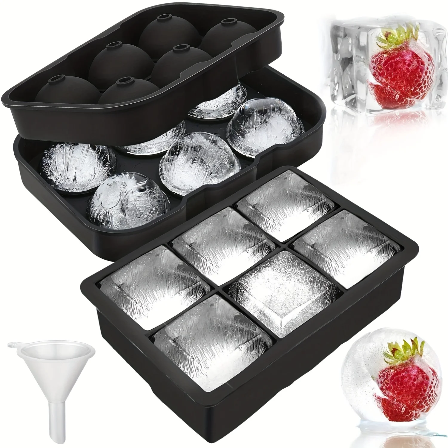 

Ice Cube Tray (Set Of 2), Silicone Ball Ice Cube Maker With Lid And Large Square Ice Cube Mold For Whiskey Ice And Cocktail, Foo