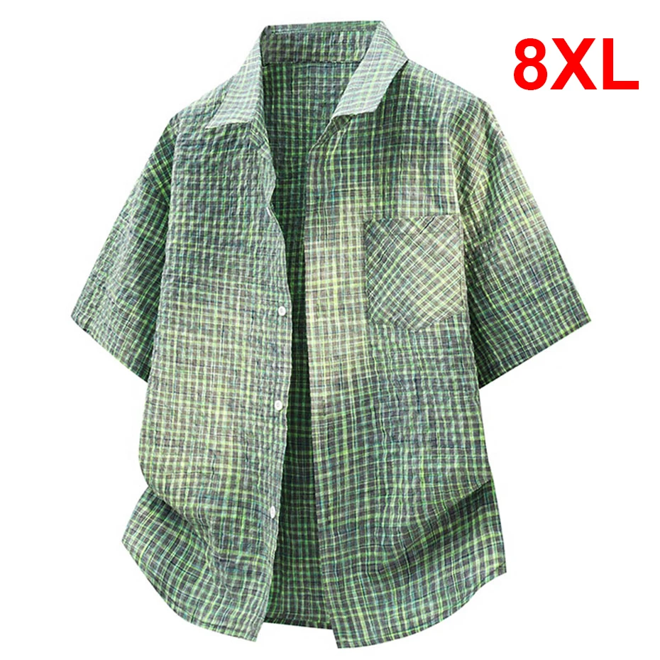 

Summer Cargo Shirts Men 8XL Plus Size Short Sleeve Shirts Fashion Casual Plaid Shirts Male Summer Tops Big Size 8XL