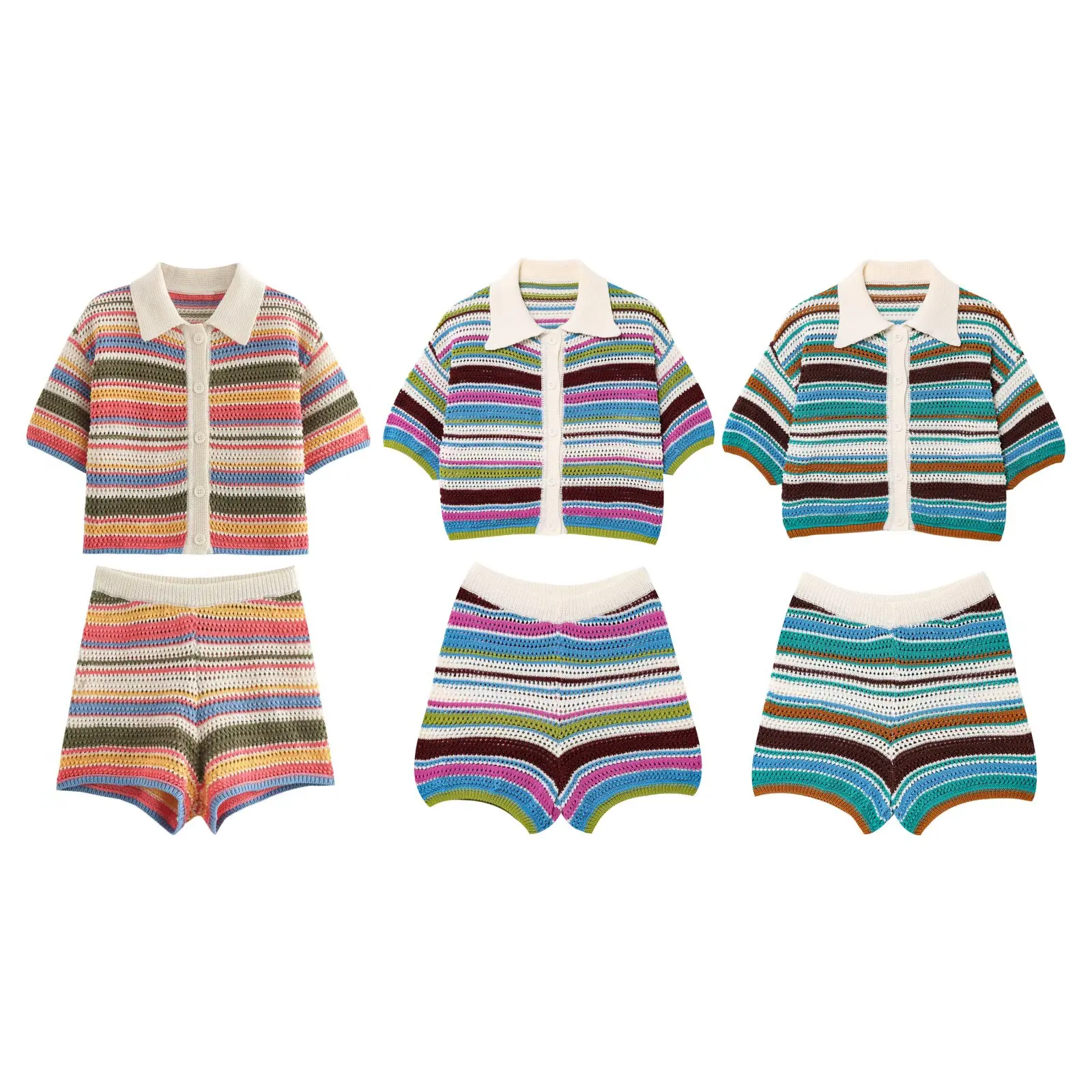 

Sexy Short Sets Womens 2 Pieces Summer Vacation Oufits Beach Sets Womens 2 Pieces Knitted Striped Shorts Sets Two Pieces