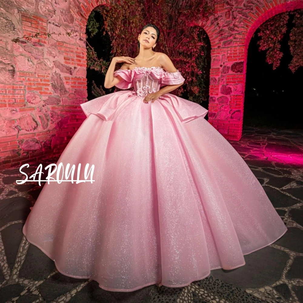 

Pink Shimmering Quinceanera Dress Customized Elegant Off Shoulder Appliques Corset Prom Gown Gorgeous Sweet 15 16 Evening Wear