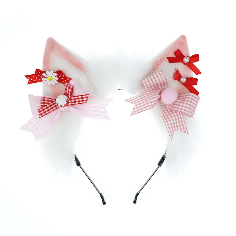 Diadema con orejas de gato para niña, tocado con orejas de zorro y fresa, lazo rosa, accesorios para lolita, tocado para orejas de gato