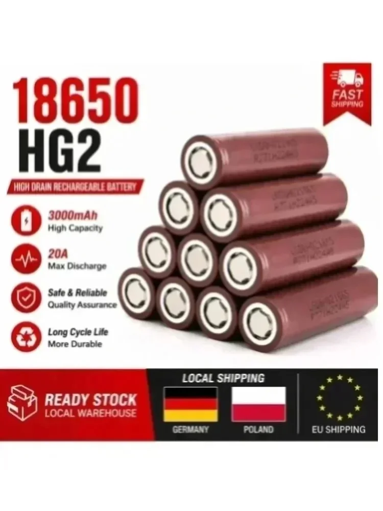 18650 Li-Ion Akku 3.7V 3000mAh 20A Flat-Top Hochstrom-Zelle Ersatz für HG2 DIY Akkupack E-Bike Scooter Powerbank RC Modelle EU Lager Schneller Versand