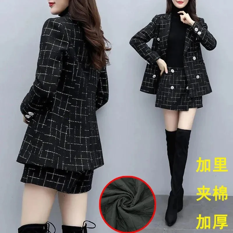 2022 Autumn Winter New Style Thickened Woolen Plaid Coat Slim Bag hip Skirt Pants Fashionable Temperament Two-piece Suit Female