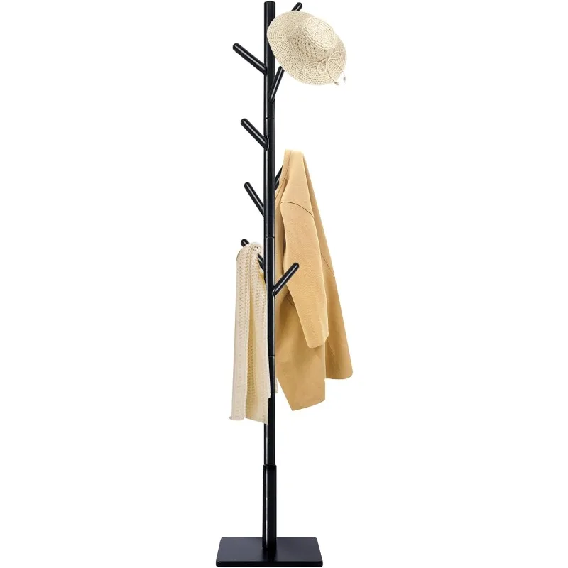 Coat Rack, Sturdy Wooden Coat Tree with 8 Hooks, 3 Adjustable Height for Bedroom, Hallway, Entrance, Office