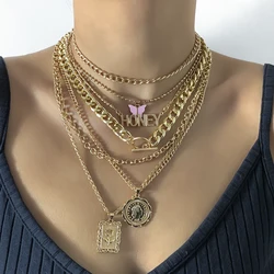 7Pcs/Set Punk Butterfly Coin Pendant Necklace for Women Vintage OT Buckle Gold Color Thick Cuban Chain Steampunk Party Jewelry
