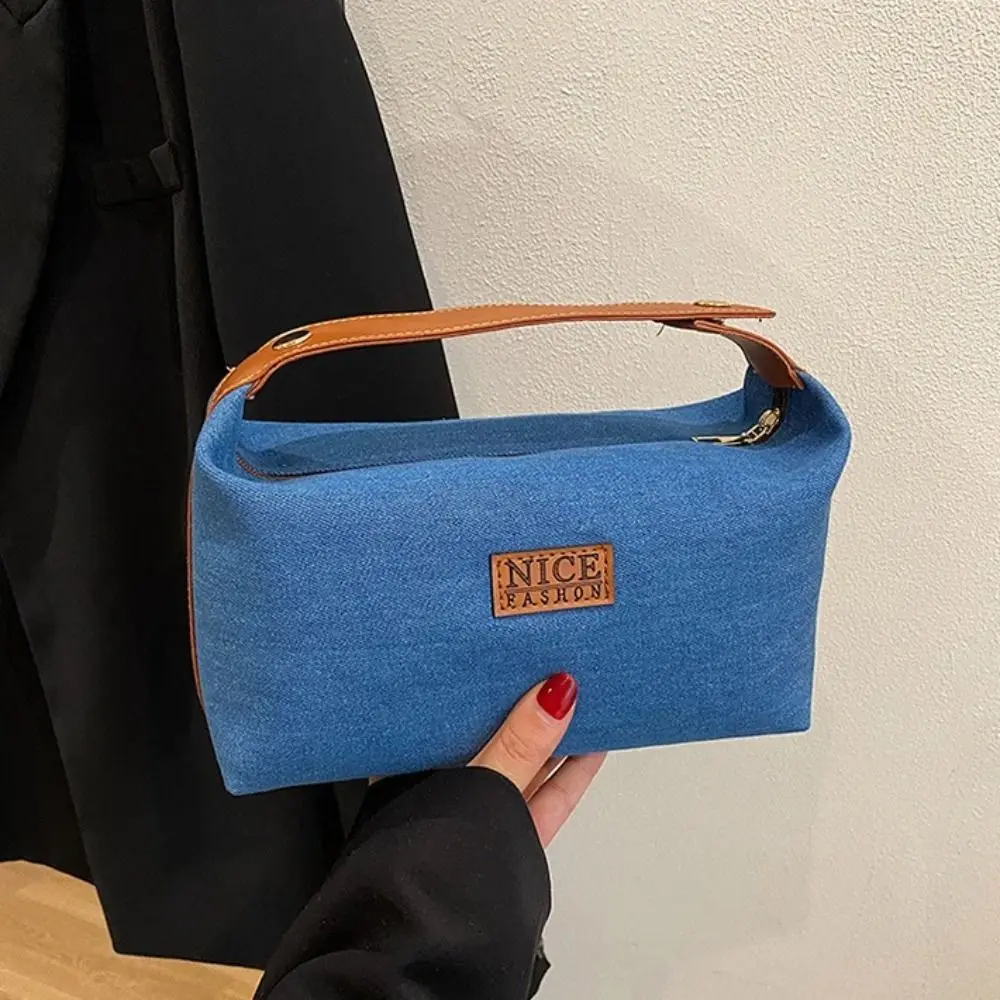 

Easy Carry Large Capacity Cosmetic Bag with Handle Portable Makeup Handbag Beauty Case Retro Blue Travel Wash Pouch Men Women