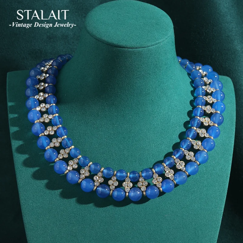 

Antique Jewelry White Rhinestones Blue Glass Double-layer Collar Choker Necklaces Vintage for Woman Party Accessories New 2025