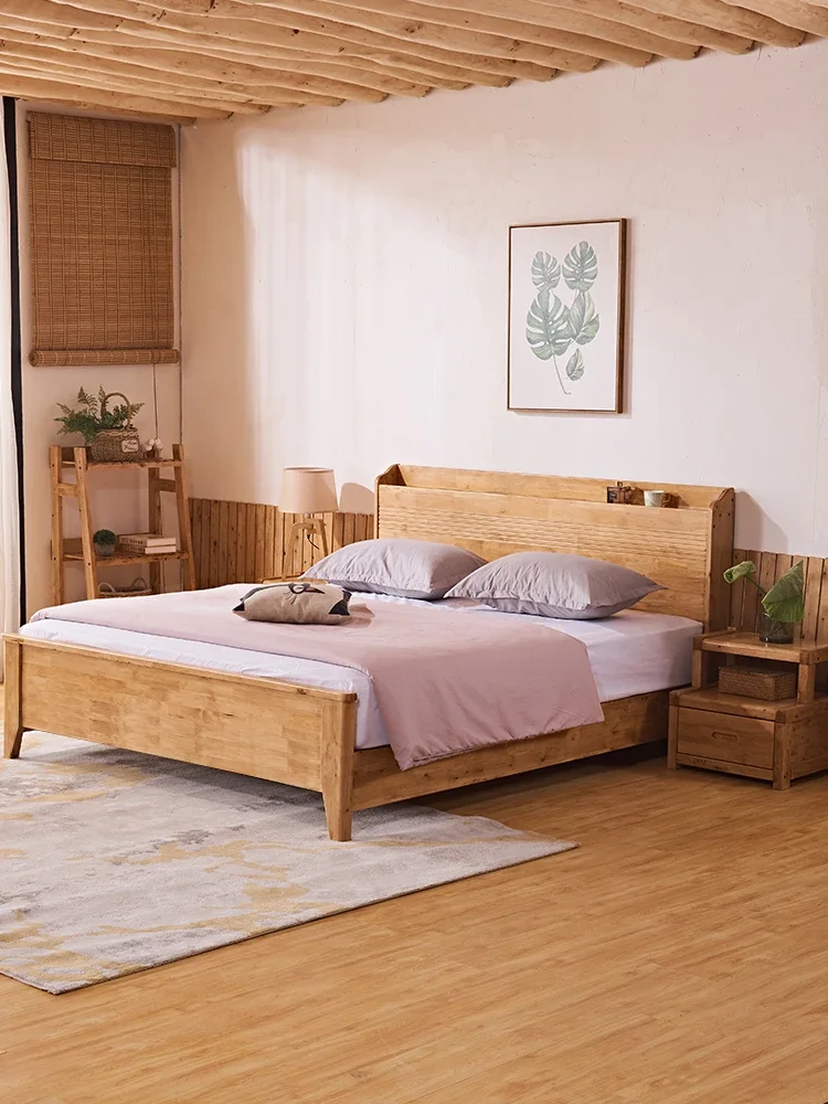 

bed Nordic pure solid wood modern simple Chinese style 1.5m 1.8m double with rechargeable multi-function rental furniture