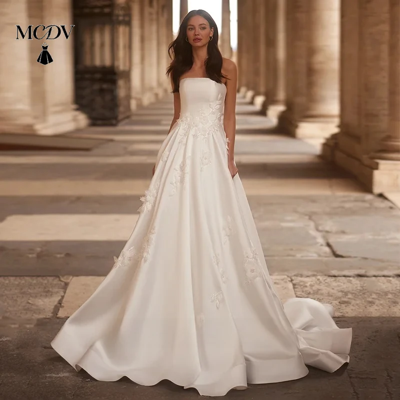 

MCDV Women Bridal Dress A Line Sleeveless Backless Satin Wedding Dress with Flowers Beading Customized Sweep Train Strapless