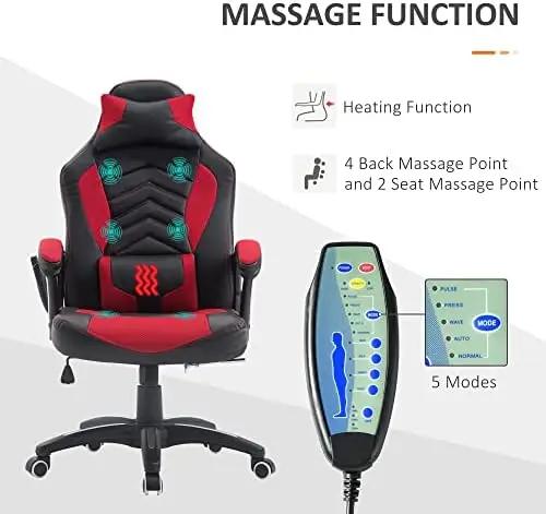 6 Vibrating Point Massage Computer Gaming Chair 5 Modes, Racing Style Heated Desk Chair Swivel Rolling Chair with Headrest, Red/