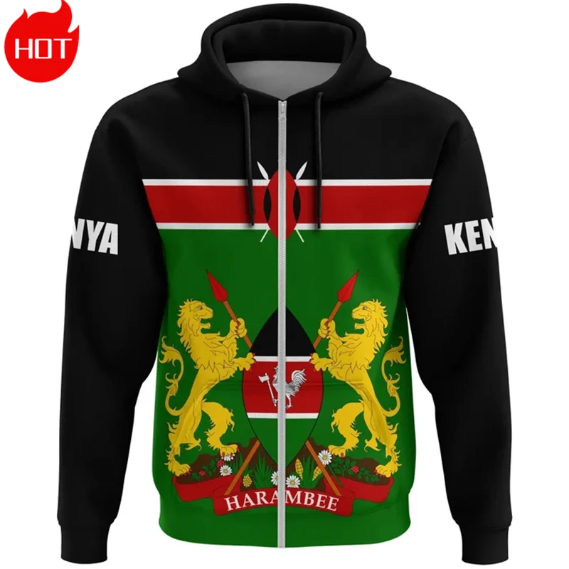 3D The Republic-of Kenya Ethnic Emblem Printing Zip Up Hoodies Kenya Flag Map Graphic Zipper Sweatshirts Fashion Mens Clothing