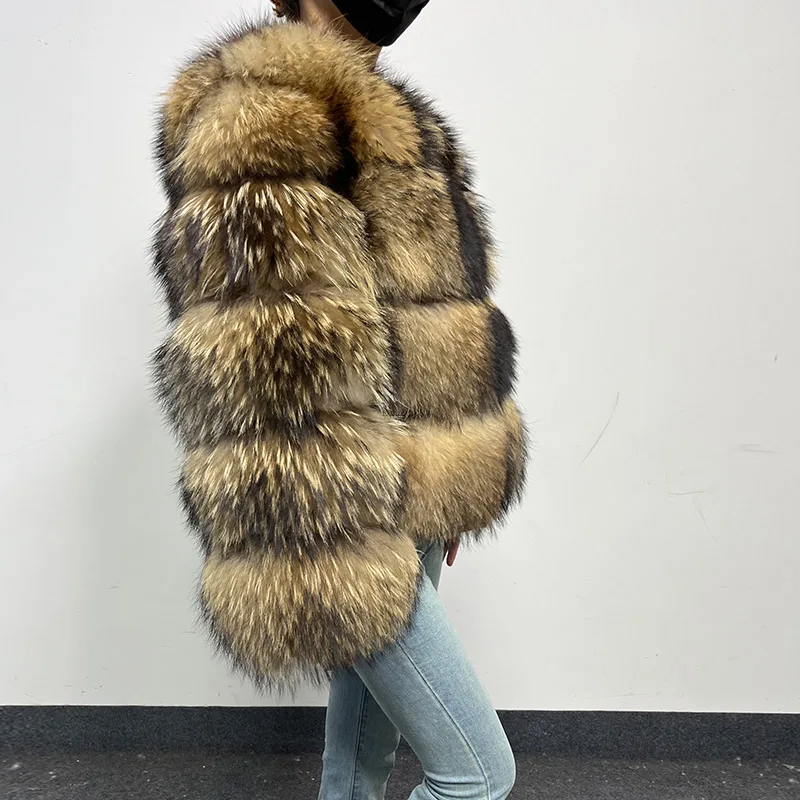 MAOMAOKONG 2024 Natural raccoon Real Fur Coat Women Winter Warm Luxury Fur Jacket Long Sleeve Female Vest Furry Coats clothing