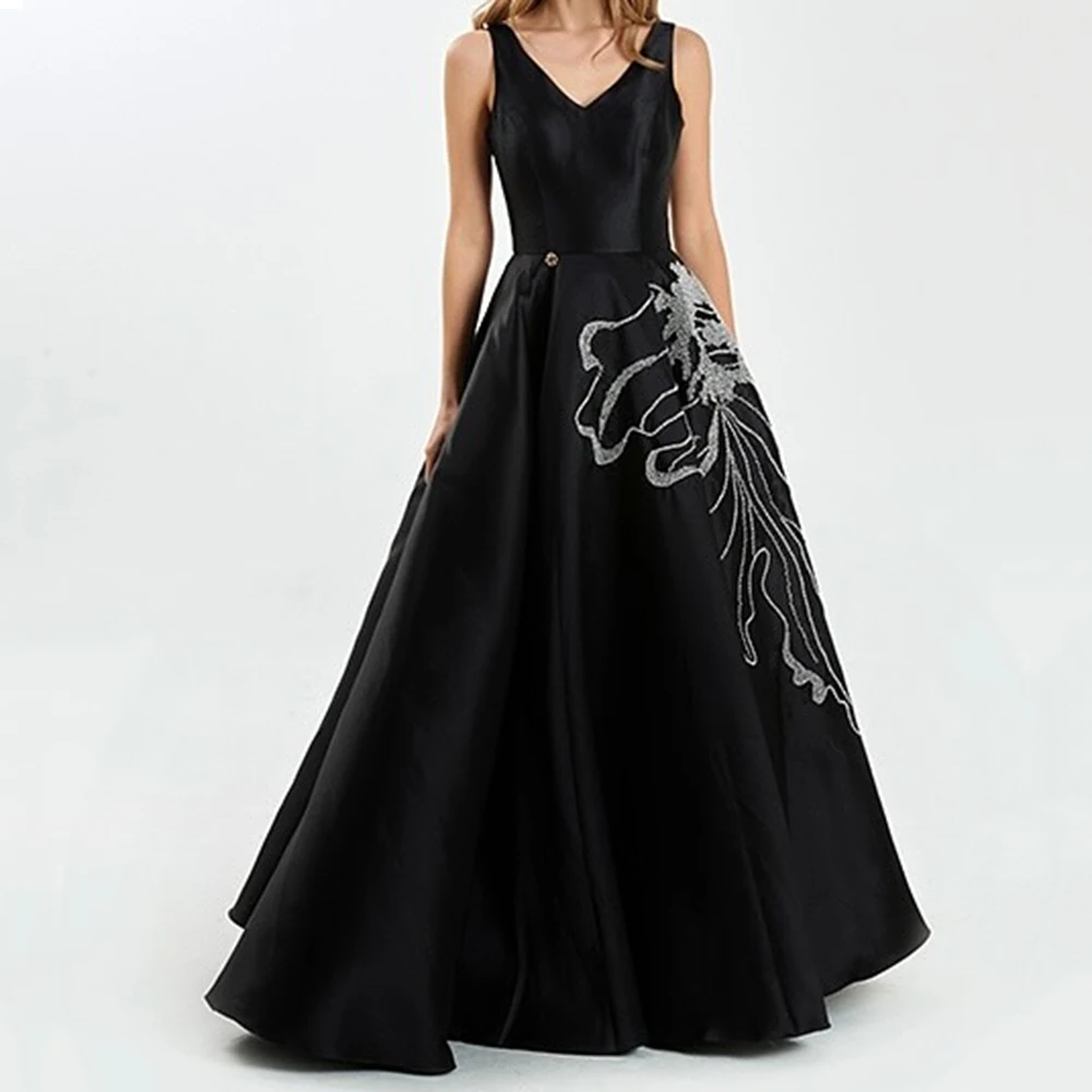 

Customized A-line Evening Dresses Floor-length V-neck Sleeveless Prom Gown Fashion Sequined Simple Draped Backless Party Gown