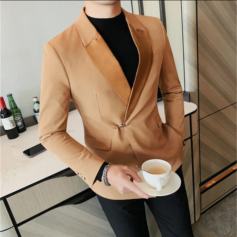 

Chinese Style Buckle Suit Jacket Men High Quality Lapel for Business Social Blazer Masculino Casual Wedding Banquet Party Coat