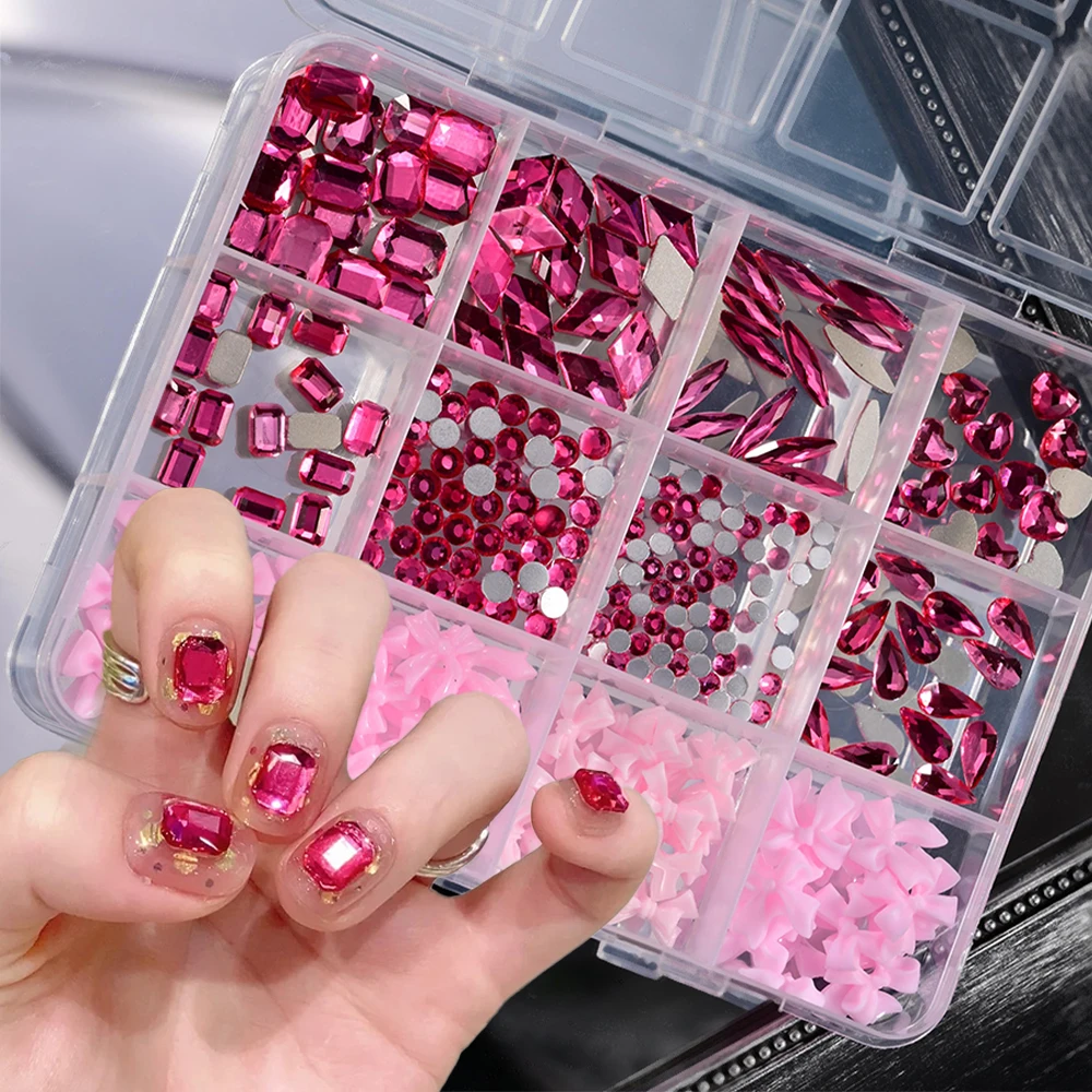 

12Grids Rose Pink 3D Crystal Diamond Nail Rhinestone Mixed Bow & Round/Water Drop/Heart/Square Flat-back Gems Xmas Nails Decorat