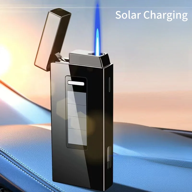 Technology Solar Charging Windproof Jet Blue Flame Butane Gas Torch Lighter Silent Ignition Visible Gas Window Cigar Lighters