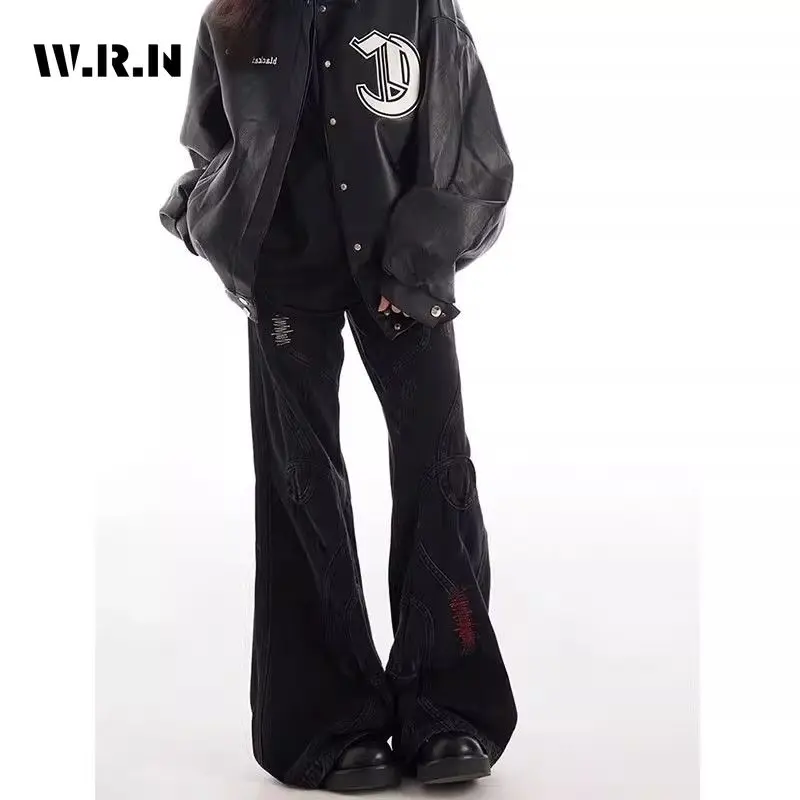 

American Vintage Eclectic Waif Distressed Jeans Y2K Harajuku Street Black Pockets Denim Trouser Women Grunge Casual 2000s Pants