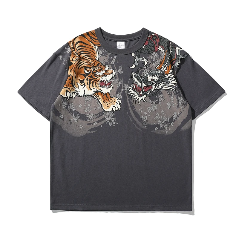 Japanese Style Tiger Dragon Print T Shirt Fashion Vintage Streetwear Hipster Tshirt Men Casual Short Sleeve T-Shirt Clothing