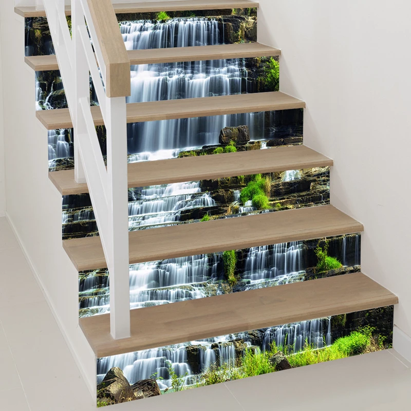 Aesthetic Rooms Stair Steps Art Mural Green Mountains Waterfall View Vinyl Staircase Stickers Self Adhesive for Home Decorations