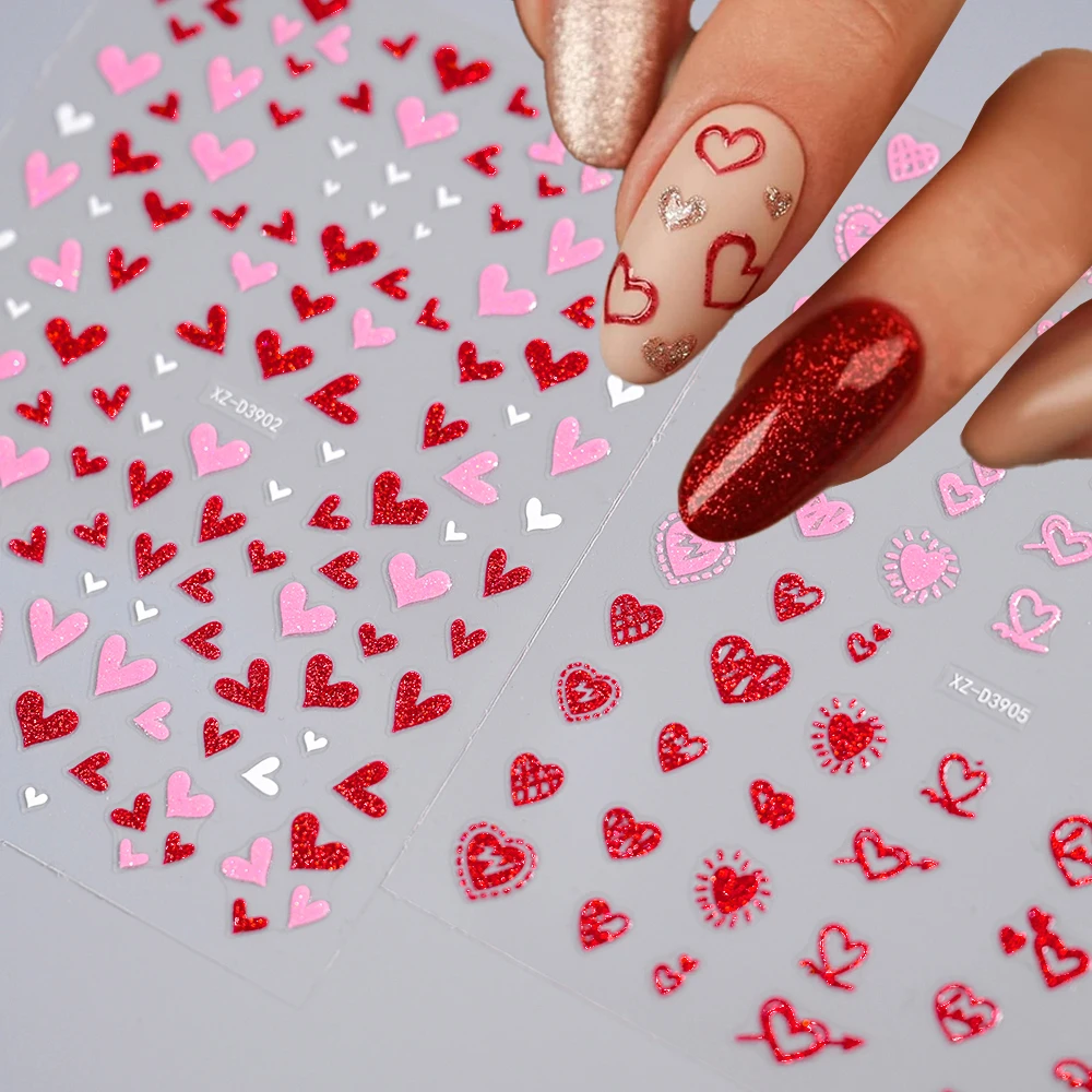 3D グリッター レッド/ピンク ハート バレンタインデー ネイルステッカー ゼリー ラブ ボウ 不規則なフレンチライン ネイル スライダー スイート ロマンチック ネイルデコ