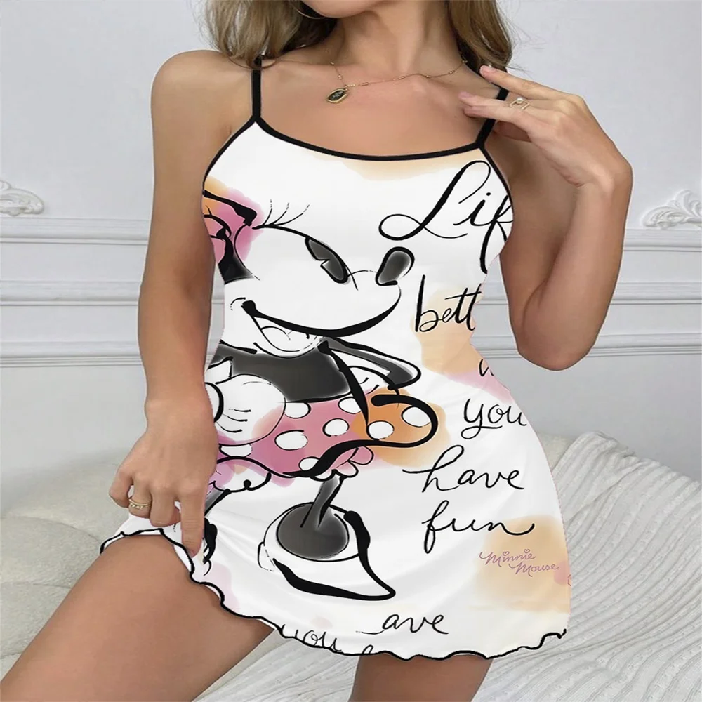 

Sexy Chic Suspender Sleeping Dress for Women New Summer Sleevesless Female Nightwear Cartoon Pattern Ruffled Edge Design Pajama