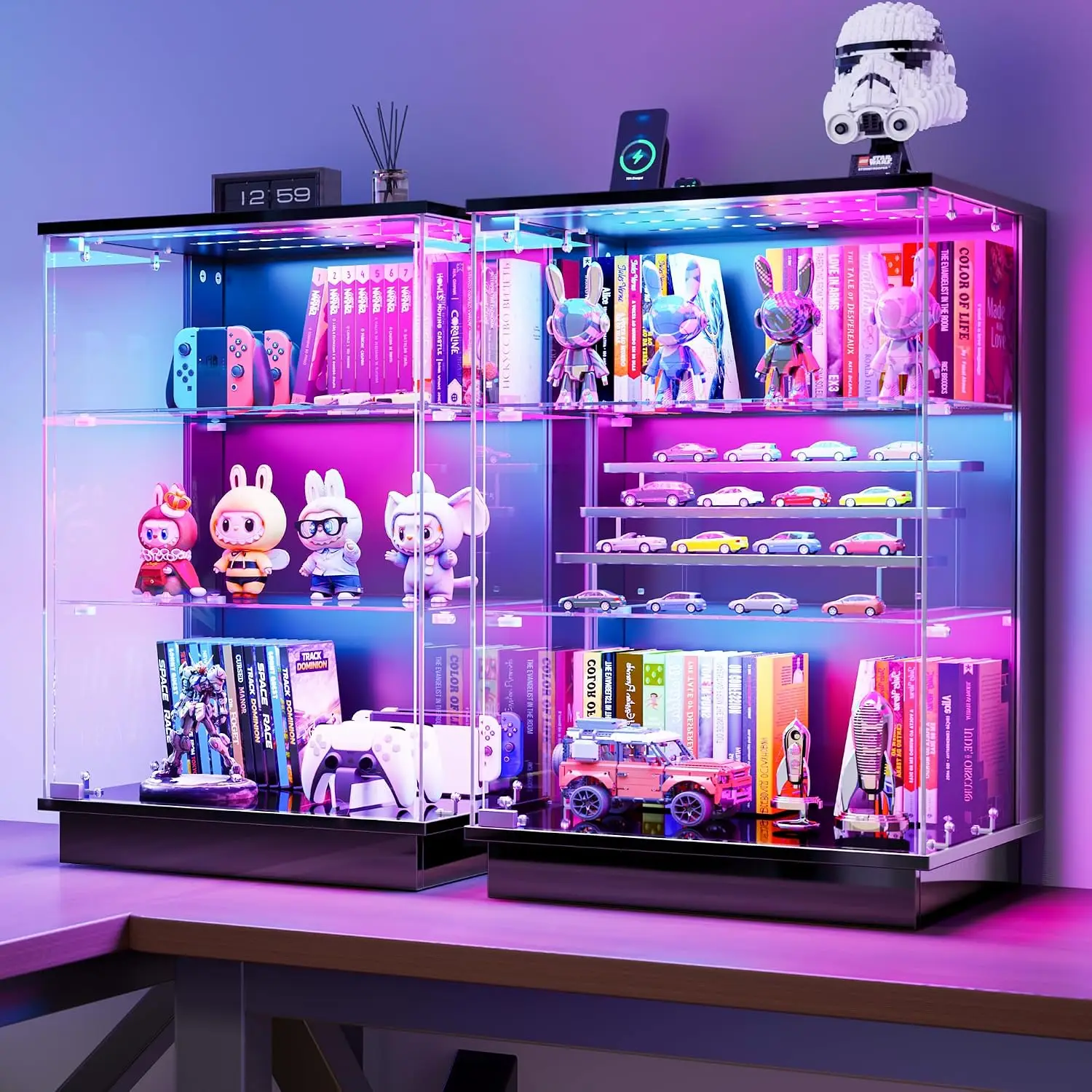 Curio Cabinets with Charging Station, Smart App-Controlled Adjustable LED Lights, Motion Sensor, Display Case for Trophies