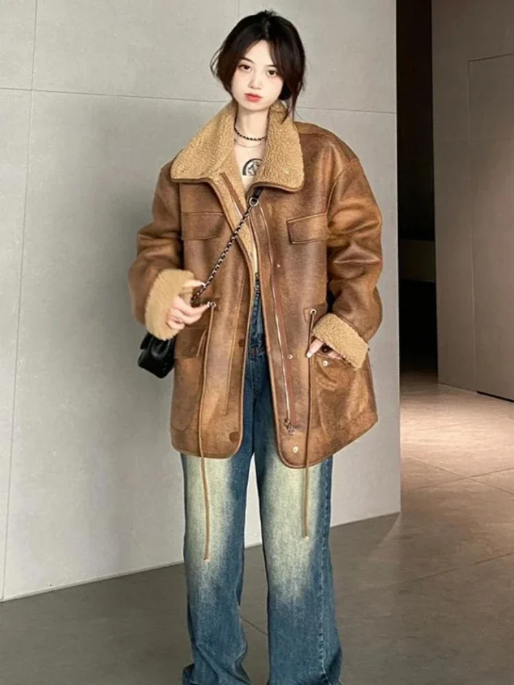 American Vintage Warm Jackets Lamb Wool Two Sides Wear Winter Design Coats Streetwear Fashion All Match Women\'s Clothing 2024